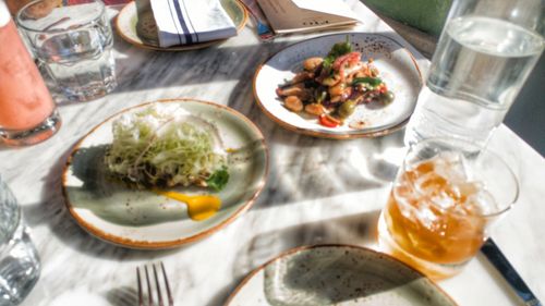 High angle view of food served on table