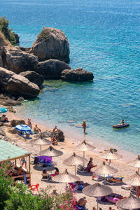 High angle view of rocks on beach