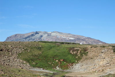 Scenic view of mountains against clear blue sky