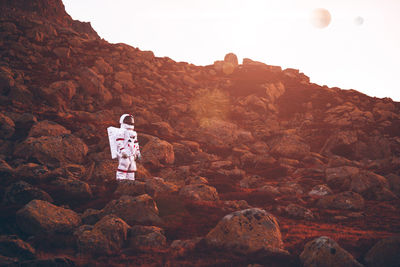 Rear view of man standing on rock