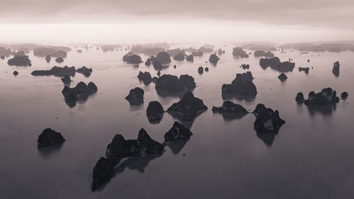 Panoramic view of rocks in sea against sky