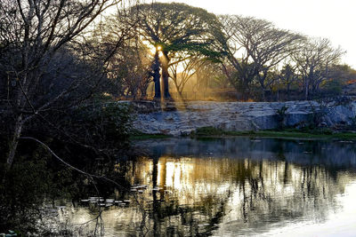 Scenic view of lake in forest against sky