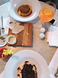 High angle view of breakfast served on table