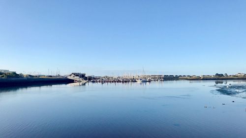 Scenic view of sea against clear blue sky