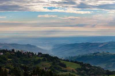 High angle view of landscape against sky during sunset