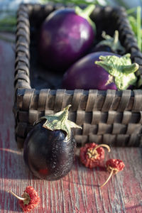 Close-up of fresh fruits in basket on table