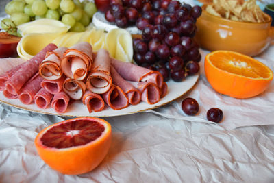 High angle view of fresh food on crumpled paper