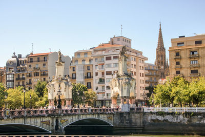 Bridge over river against buildings in city