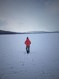 Rear view of person on snow covered land