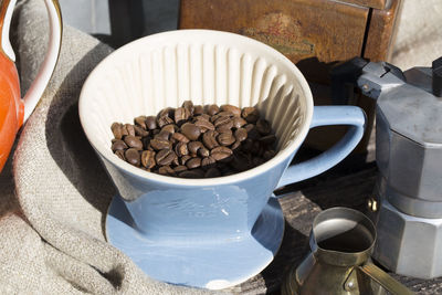 High angle view of coffee beans on table