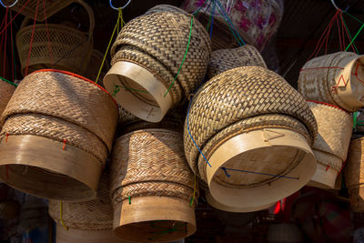 Low angle view of clothes for sale in market