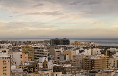 Skyline of city, almeria, andalusia, spain, with mediterranean sea in background