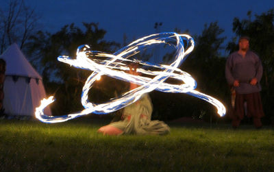 View of ferris wheel on field at night