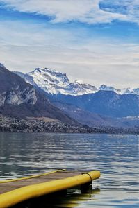 Scenic view of lake and snowcapped mountains against sky