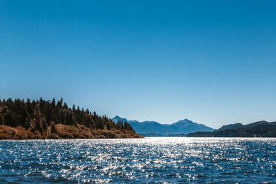 Scenic view of sea against clear blue sky