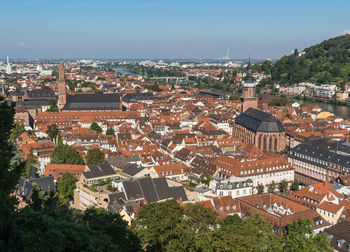 High angle view of townscape against sky in city