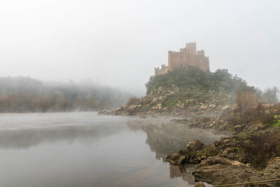 Scenic view of river in city against sky during foggy weather