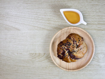 High angle view of breakfast served on table