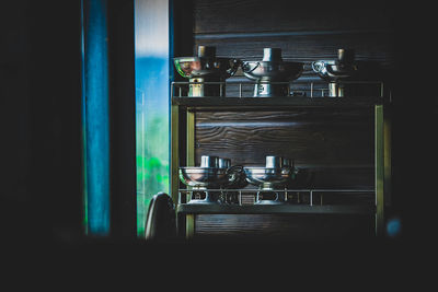 Close-up of bottles on table at home