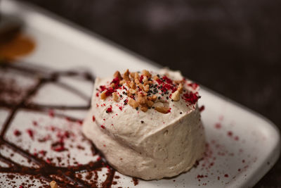 Close-up of dessert in plate on table