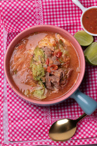 High angle view of soup in bowl on table