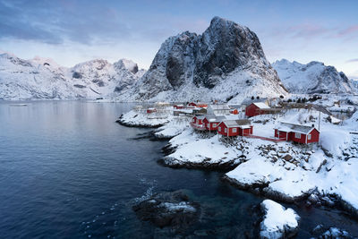 Scenic view of snowcapped mountains against sky during winter