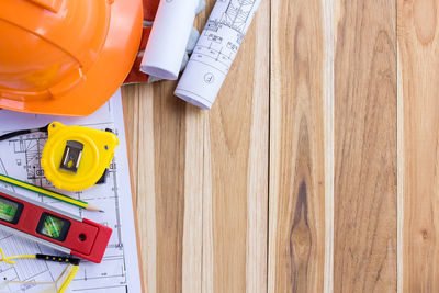 High angle view of text on wooden table