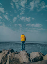 Rear view of man standing on rock by sea against sky