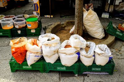 High angle view of vegetables for sale at market stall