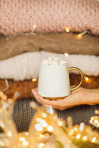 Woman hand holding cup of hot chocolate with marshmallow