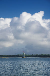 Lighthouse by sea against sky