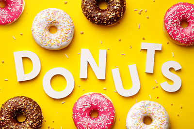 Close-up of donuts on table