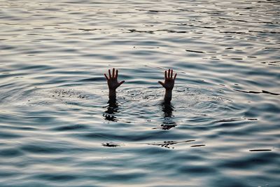 Cropped hands of person drowning in lake