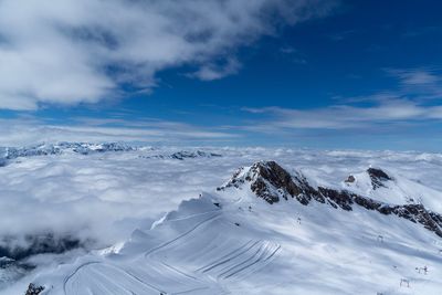 Scenic view of snow covered mountains against sky