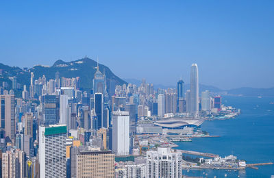 Modern buildings in city against clear blue sky