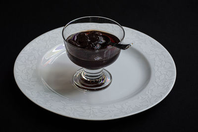 High angle view of drink in glass on table