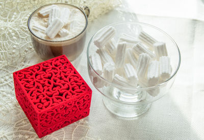 High angle view of drink in glass on table