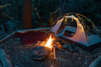 Camping setup with lights and campfire bushcraft tent