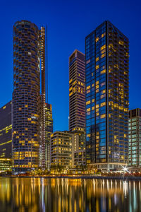 Reflection of illuminated buildings in city at night