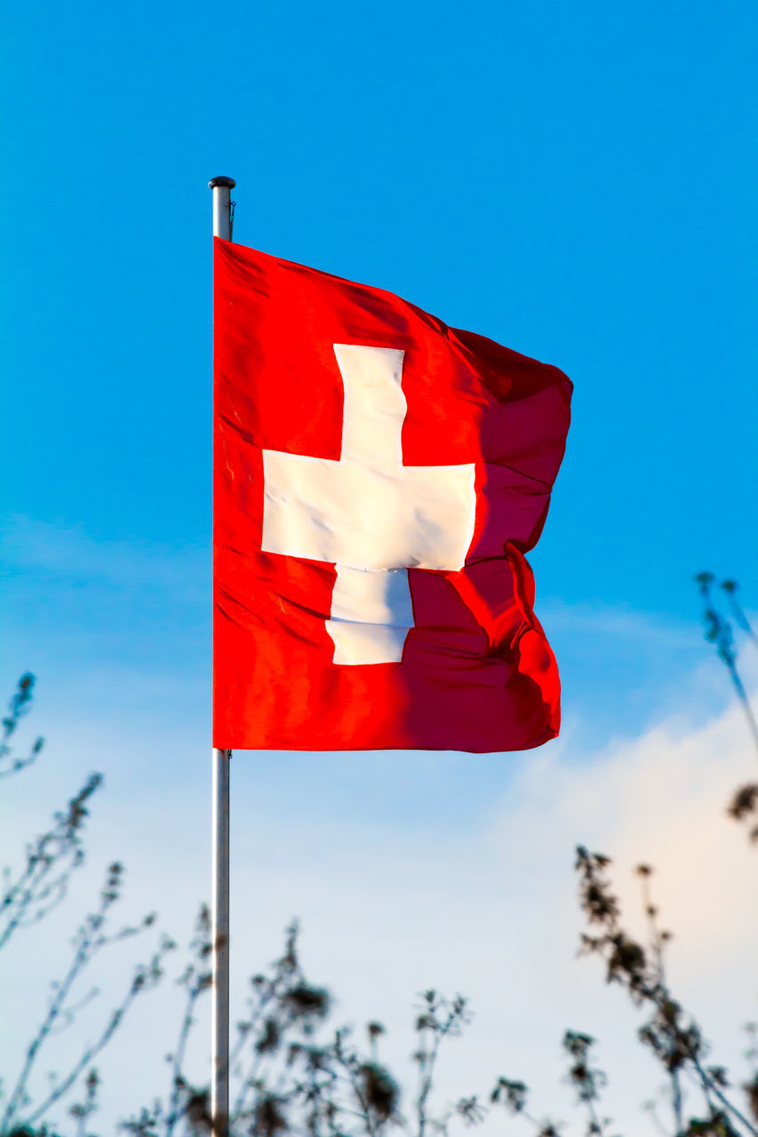 LOW ANGLE VIEW OF FLAG AGAINST CLEAR SKY