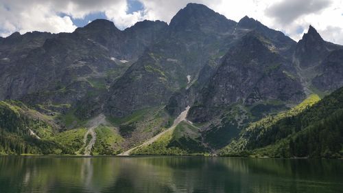 Scenic view of lake against cloudy sky