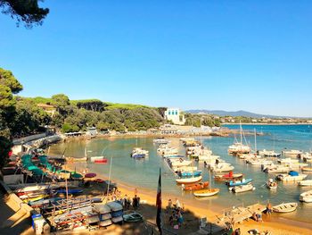 High angle view of harbor against clear blue sky