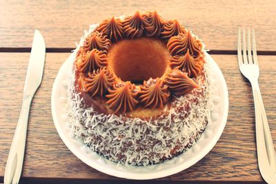 High angle view of cake in plate on table