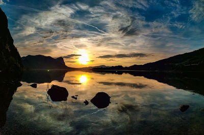 Scenic view of lake against sky during sunset