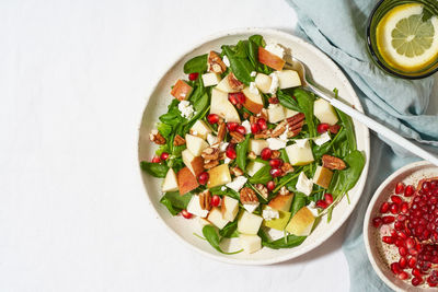 High angle view of salad in bowl on table