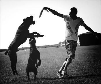 Young man playing with cane corso at beach against clear sky