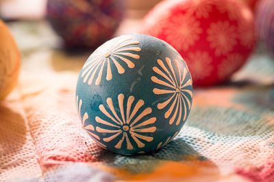 Close-up of easter eggs on table