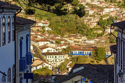 Ouro preto city in minas gerais with its facades of old colonial houses during the late afternoon