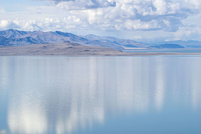 Scenic view of lake and snowcapped mountains against sky