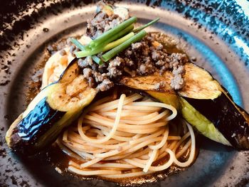 High angle view of pasta in a plate